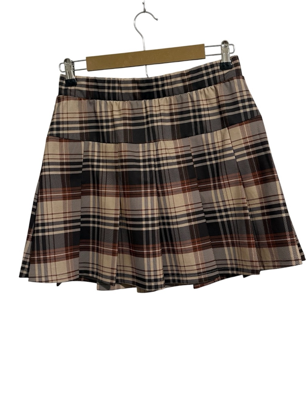 Pink Rose Plaid Pleated Mini Skirt in Beige, Brown and Black